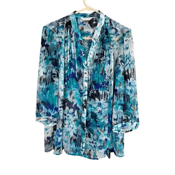 Christopher Banks Top Women L Blue Floral Sheer Western Boho Summer Office 80s - Picture 1 of 11